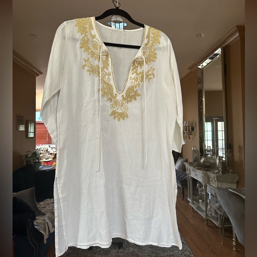 Boho beauty tunic top cover up dress white tan embroidery sequins side slits